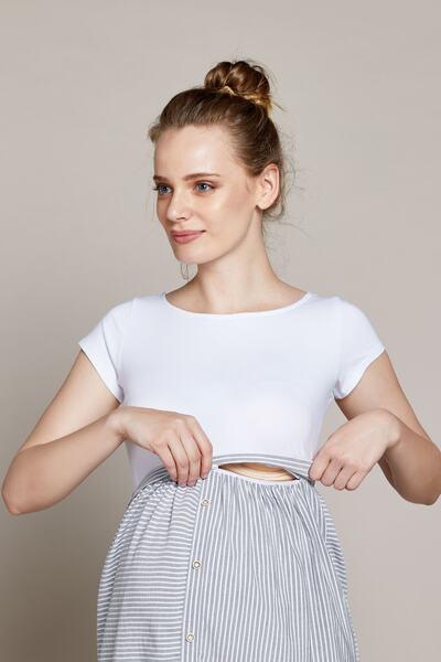 GEBE Emzirme Özellikli Gri Çizgili Hamile Elbisesi Lalin