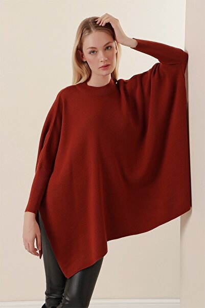 MODAMERSİ Pulover de damă burgundy poncho cu fante supradimensionate