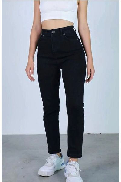 LAMİRAMOOD Μαύρο Mom Jean Jean ψηλόμεσο ελαστικό Lycra