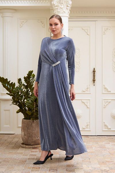 RMG Plus Size Silver Long Evening Dress with Front Accessories