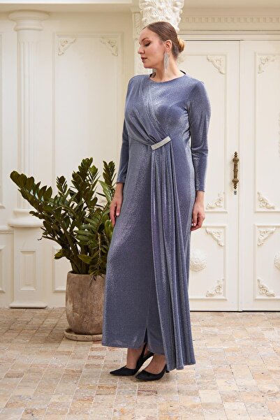 RMG Plus Size Silver Long Evening Dress with Front Accessories