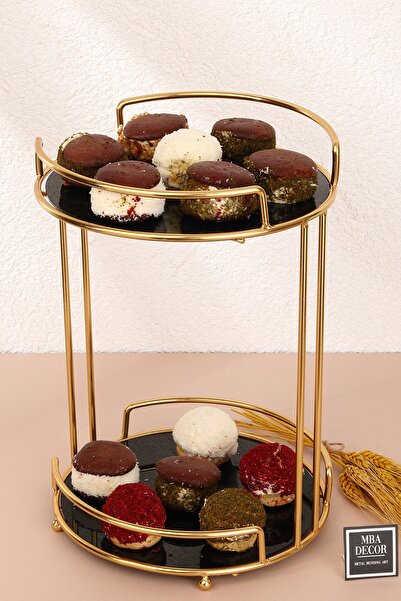mba decor metal bending art İki Katlı Yuvarlak Parlak Gold Kahve Yanı Sunumluk Düzenleyici Dekorasyon İkramlık Organizer 35cm