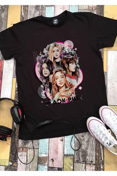 RYO FASHİON Black Pink Group Anime Black Short Sleeve Children's T-Shirt Unisex