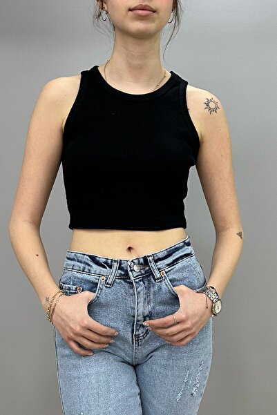 Tam Moda بلوزة نسائية قصيرة بأشرطة واسعة باللون الأسود