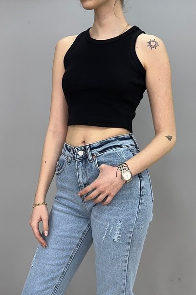 Tam Moda Women's Crop Blouse Wide Straps Black