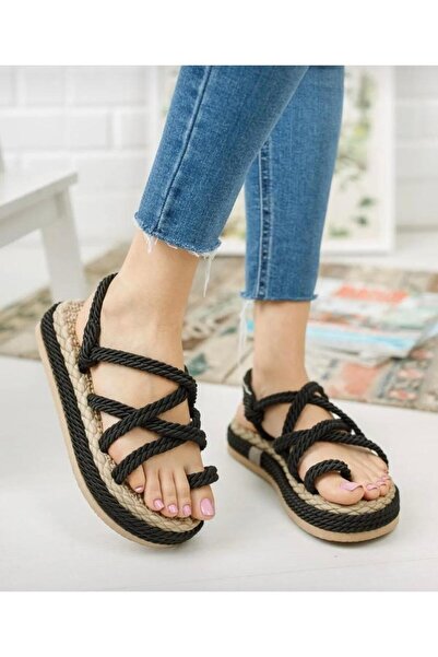 wemodaa Wemodacomtrayakkabı Kadın Hasır Siyah Halat Ipli Yüksek Taban Sandalet