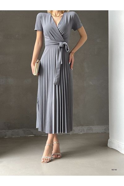 Mossta Double Breasted Collar Short Sleeve Skirt Pleated Belted Dress