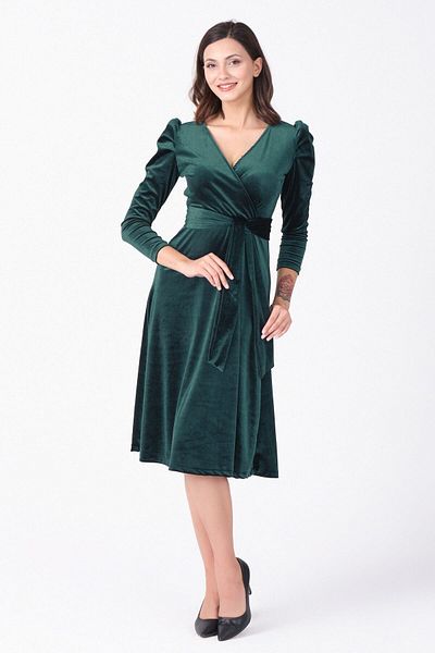 Azra Style Σμαραγδένιο Πράσινο Μίντι Βελούδινο Φόρεμα με διπλό γιακά και ζώνη - Plus Size
