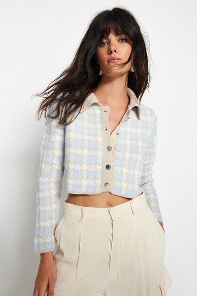 Trendyol Collection Stone Super Crop Self Patterned Knitwear Cardigan TWOAW24HI00233