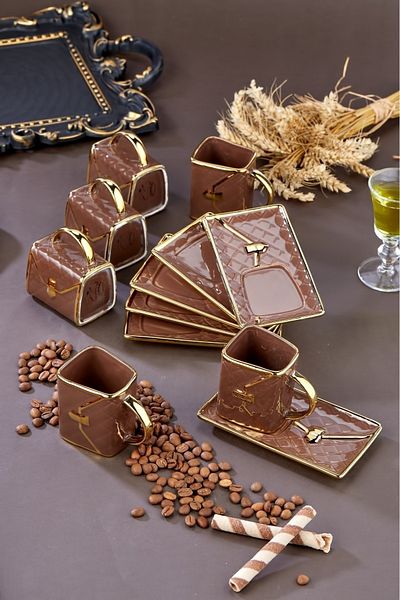 Cooker Set of 6 Bag Patterned 90 ml Porcelain Coffee Cups |   Gold Gilded Stylish Boxed Gift