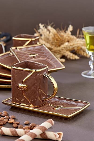 Cooker Set of 6 Bag Patterned 90 ml Porcelain Coffee Cups | Gold Gilded Stylish Boxed Gift