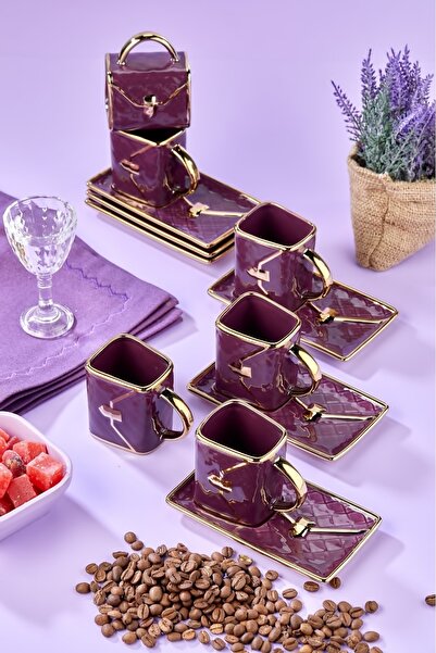 Cooker Set of 6 Bag Patterned 90 ml Porcelain Coffee Cups | Gold Gilded Stylish Boxed Gift