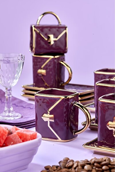 Cooker Set of 6 Bag Patterned 90 ml Porcelain Coffee Cups | Gold Gilded Stylish Boxed Gift