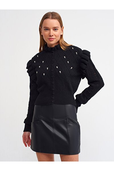 Dilvin 80722 Dikiş Detaylı Suni Deri Mini Etek-siyah