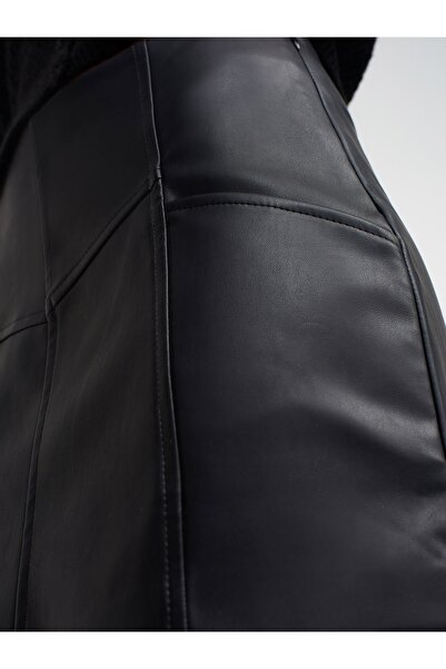 Dilvin 80722 Dikiş Detaylı Suni Deri Mini Etek-siyah