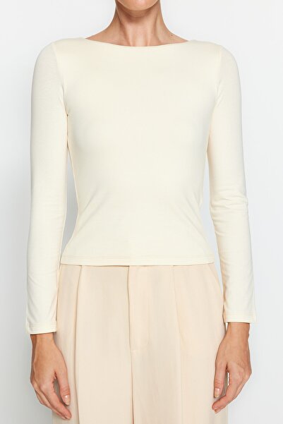 Trendyol Collection Kamenná bavlna Strečový člun s výstřihem Pružná pletená halenka TWOAW24BZ00166