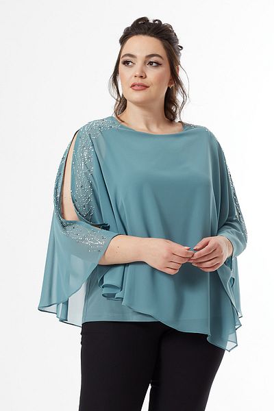 Moda Alba Mint Shoulder Stone Slit Chiffon Oversized Stylish Bluz with Cloak