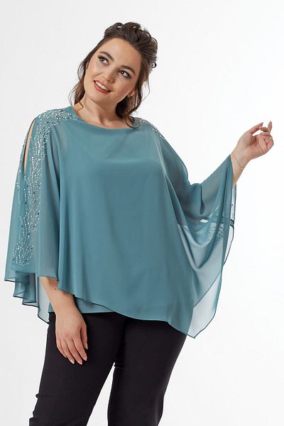 Moda Alba Mint Shoulder Stone Slit Chiffon Oversized Stylish Bluz with Cloak