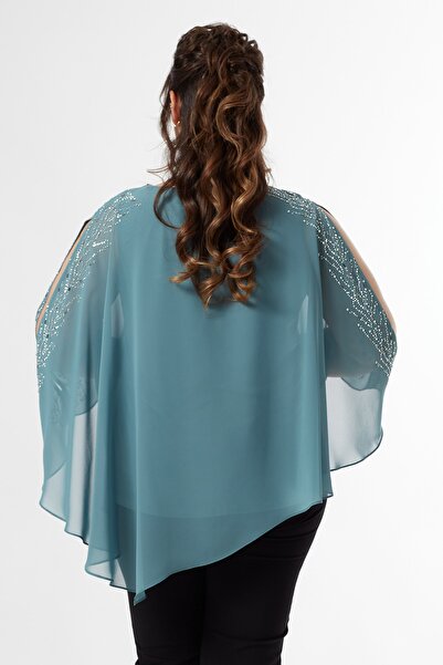 Moda Alba Mint Shoulder Stone Slit Chiffon Oversized Stylish Bluz with Cloak