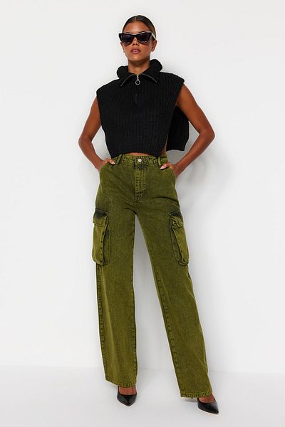 Trendyol Collection Πράσινο φαρδύ τζιν ψηλόμεσο με τσέπες Cargo TWOAW24JE00020