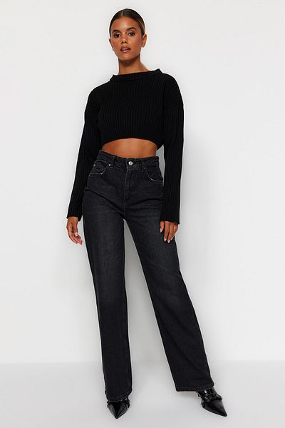 Trendyol Collection Schwarze Jeans mit hoher Taille und weitem Bein TWOAW24JE00073