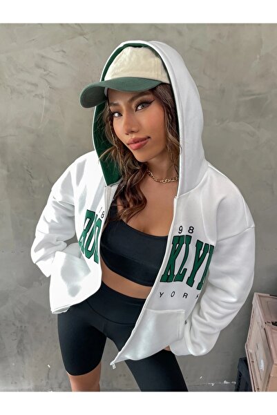 Keywest Ζακέτα / μπουφάν Unisex Λευκό Χρώμα με φερμουάρ Green Brooklyn Printed 3 Thread Fleece