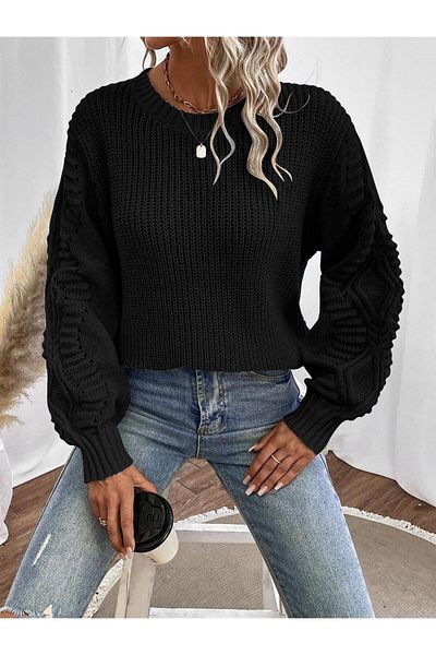 ADA Pulover de damă Selanik din tricot cu mâneci, cu decolteu, negru