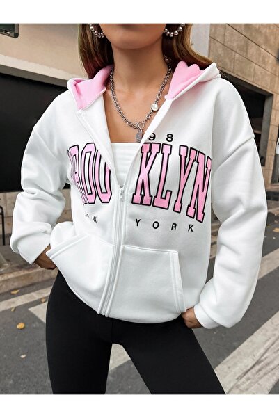 Keywest Ζακέτα / μπουφάν Unisex Λευκό Χρώμα Ροζ Μπρούκλιν με 3 κλωστές Fleece