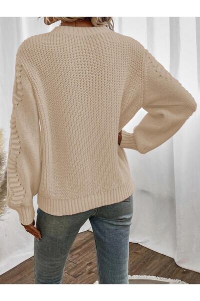 ADA Dámský svetr z úpletu Thessaloniki s motivem pleteného rukávu Crew Neck Stone