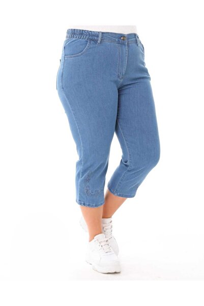 HaiModa Kadın Büyük Beden Bel Lastikli Kot Anne Kapri Nakışlı