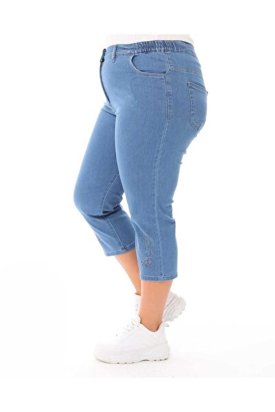 HaiModa Kadın Büyük Beden Bel Lastikli Kot Anne Kapri Nakışlı