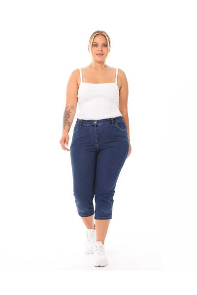 HaiModa Kadın Büyük Beden Bel Lastikli Kot Anne Kapri Nakışlı
