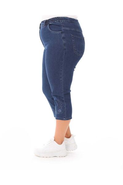 HaiModa Kadın Büyük Beden Bel Lastikli Kot Anne Kapri Nakışlı