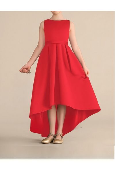 nsmkidslife Children's Red Color Asymmetrical Skirt Detailed Simple Stylish Satin Ball Gown Birthday party Dress