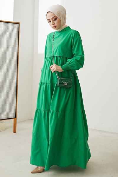 InStyle Single Layer Detailed Casual Hijab Dress - Green