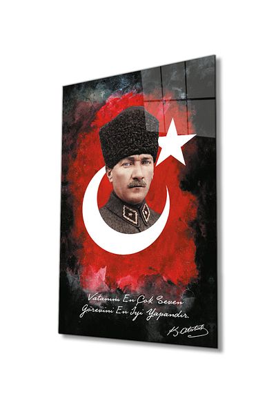 Rosyvien Mustafa Kemal Atatürk Turkish Flag Glass Painting, the Best Duty Who Loves His Homeland Most Is the Best, Decor