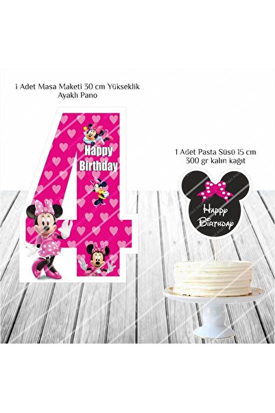 SİYAH PARTİ EVİ Minnie Mouse Pembe 4 Yaş Doğum Günü Masa Maketi / Pasta Süsü