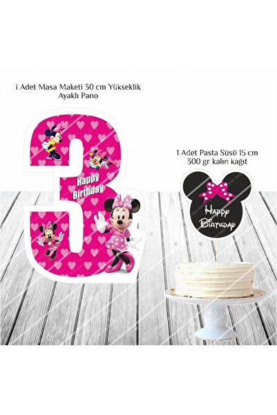SİYAH PARTİ EVİ Minnie Mouse Pembe 3 Yaş Doğum Günü Masa Maketi / Pasta Süsü