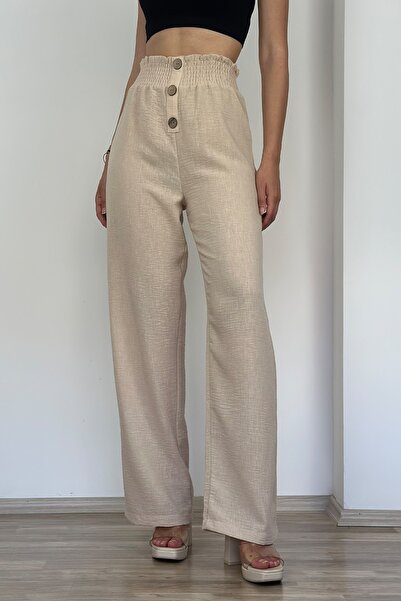 Jaglion Μπεζ λινό παντελόνι με ψηλή μέση και λεπτομέρεια με κουμπιά - Νέα σεζόν