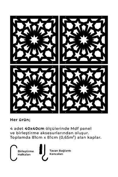 standarts Makta ® Lazer Kesim Sarkıt Paravan, Ahşap Seperatör, Oda Bölücü 4'lü Panel Levha Seti