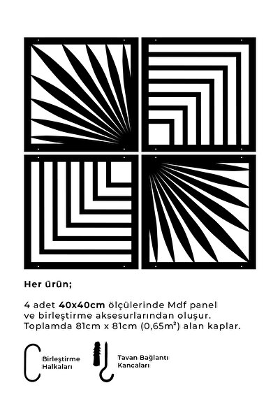 standarts Makta ® Lazer Kesim Sarkıt Paravan, Ahşap Seperatör, Oda Bölücü 4'lü Panel Levha Seti