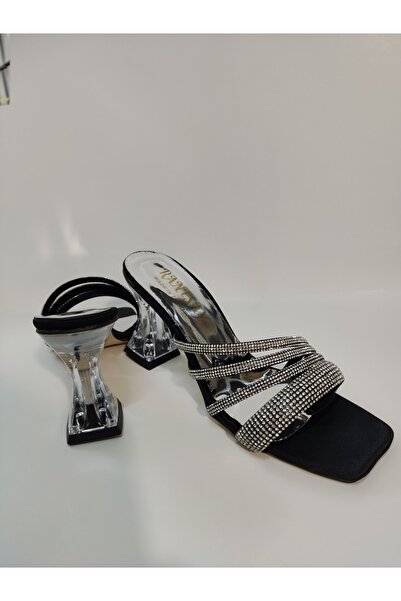 Renasay shose Women's Black Satin White Stone Heeled Shoes