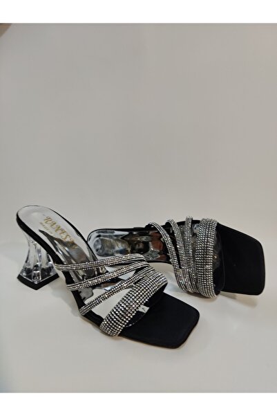Renasay shose Women's Black Satin White Stone Heeled Shoes
