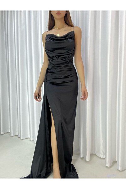 Secret Passion Lingerie Esnek Saten Kumaş Yırtmaç Detaylı Askılı Uzun Abiye Ve Mezuniyet Elbisesi 582243 726