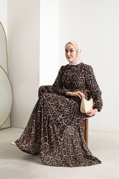 Neşeli Butik Γυναικείο φόρεμα σιφόν Hijab με ζώνη λεοπάρ στάμπα SMS014
