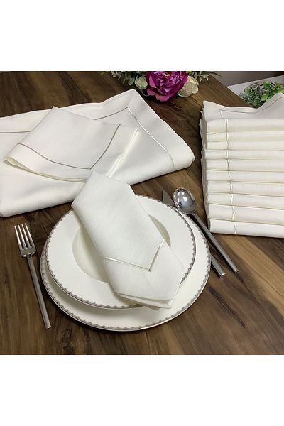 OYA home Silver Pico Stitch Li Table Cloth (1) & Napkin (8) Set - Total 9 Pieces