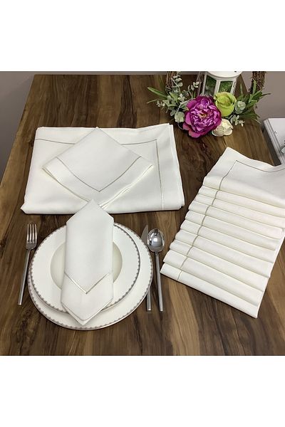 OYA home Silver Pico Stitch Li Table Cloth (1) & Napkin (8) Set - Total 9 Pieces