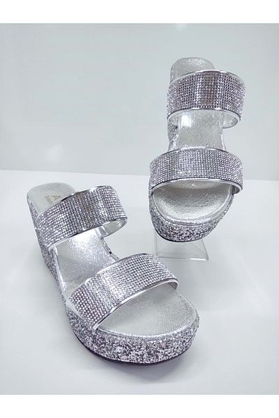 OEM AKSU 600 MODEL SILVER COLOR HIGH PADDED HEELS STONE AND SILVER DETAIL STRAP WOMEN'S EVENING DRESS SLIPPERS SILVER