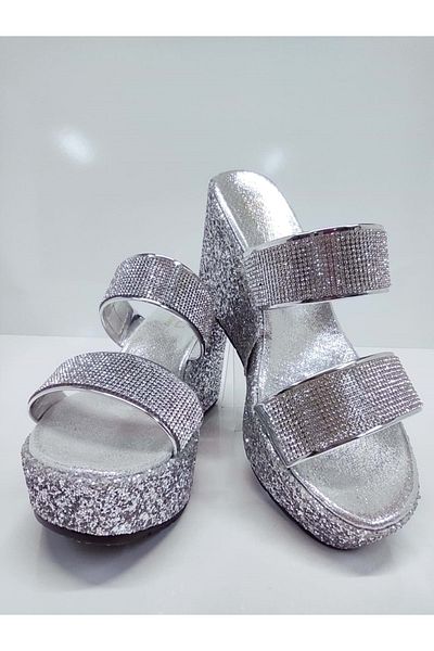 OEM AKSU 600 MODEL SILVER COLOR HIGH PADDED HEELS STONE AND SILVER DETAIL STRAP WOMEN'S EVENING DRESS SLIPPERS SILVER