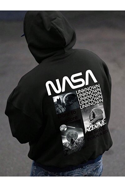 Keywest Büyük Beden Erkek Nasa Astronot 'Unknown' Ön ve Sırt Baskılı 3 İplik Kapüşonlu Siyah Sweatshirt